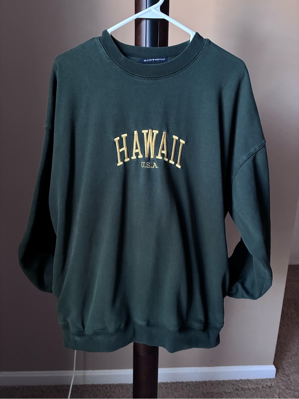 Brandy Melville Forest Green Crewneck with Gold "HAWAII" Embroidery